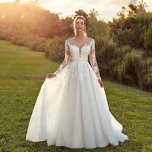 Pastrol Wedding Dresses For Woman Long Sleeves Illusion Back Scoop Bride Gowns Applique A-Line Tulle vestidos de novia-payinti