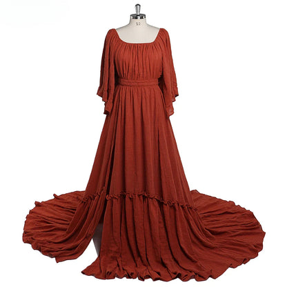 Elegant Off Shoulder Long Sleeves Side Slit Maternity Dresses for Photo Shoot Dresses for Baby Shower Photography Props SY211029