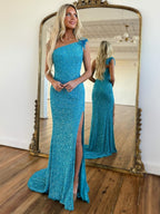 Mermaid One Shoulder Sequins Prom Dress With Slit