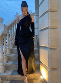 Sexy One-Shoulder-Slit Schwarz Abendkleid Ballkleid mit Handschuhen Y7686