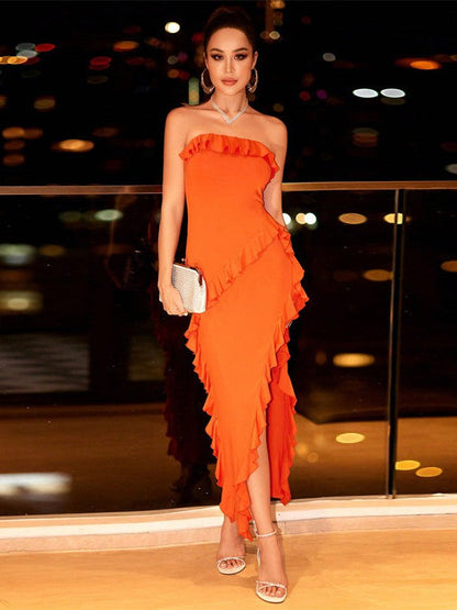 Orange High Slit Evening Dress