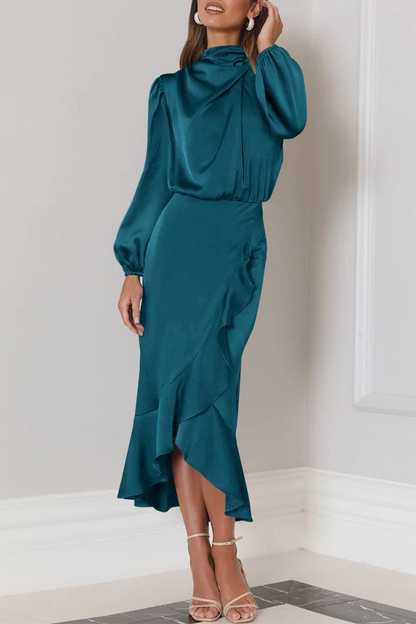 Elegant Solid Flounce Fold Turtleneck Evening Dress