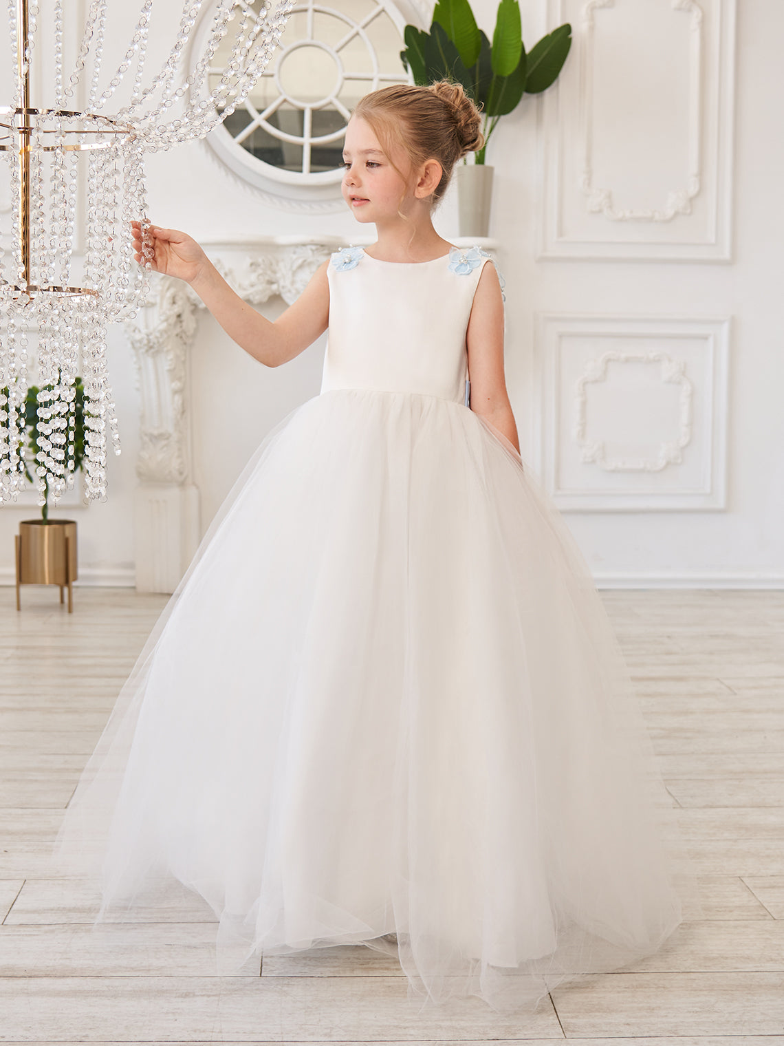 Vestido de fiesta/princesa con flores 3D de tul hasta el suelo color marfil para niña de las flores