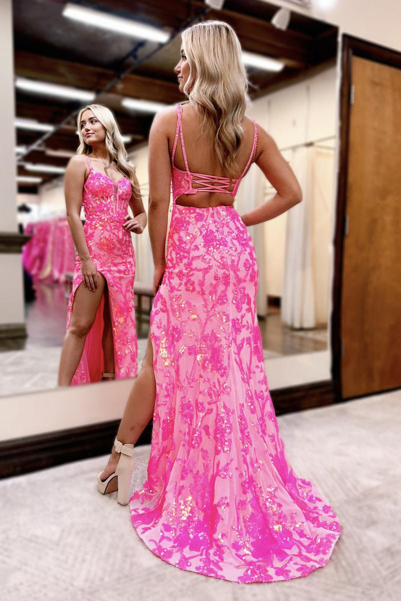 Sweetheart Sequins Lace Mermaid Prom Dresses with Slit