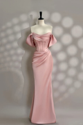 Hermoso vestido de noche de sirena rosa con cuentas de perlas y hombros descubiertos, vestido de fiesta Y7604