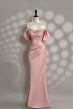 Hermoso vestido de noche de sirena rosa con cuentas de perlas y hombros descubiertos, vestido de fiesta Y7604