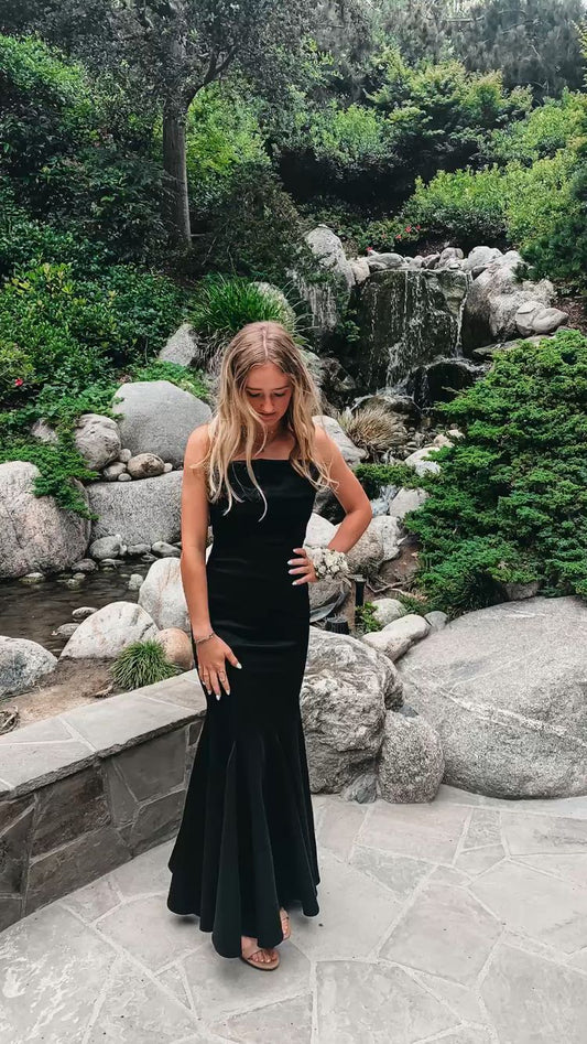 Vestido de fiesta largo con tirantes finos y corte sirena negro, vestido de noche encantador Y424