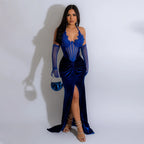 Lace up Halterneck High Slit Solid Color Rhinestone Dress Sexy Evening Dress with Mesh Oversleeve