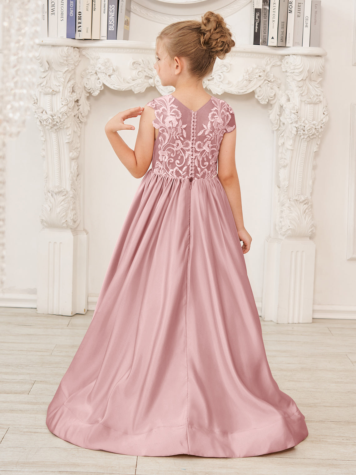 A-Linie Spitze Satin Bodenlang Blumenmädchenkleid 