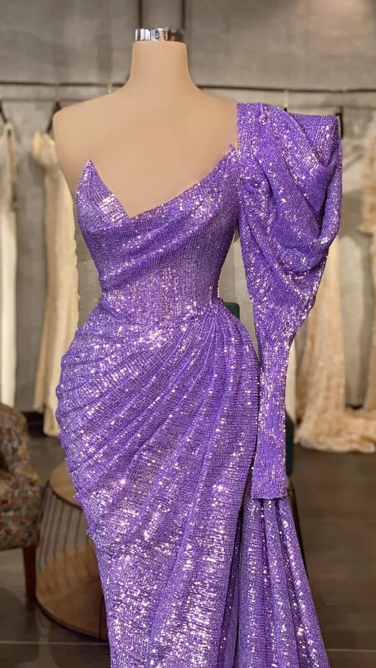 Hellviolettes langes Ballkleid mit Pailletten und abnehmbaren Ärmeln, charmantes Abendkleid Y711