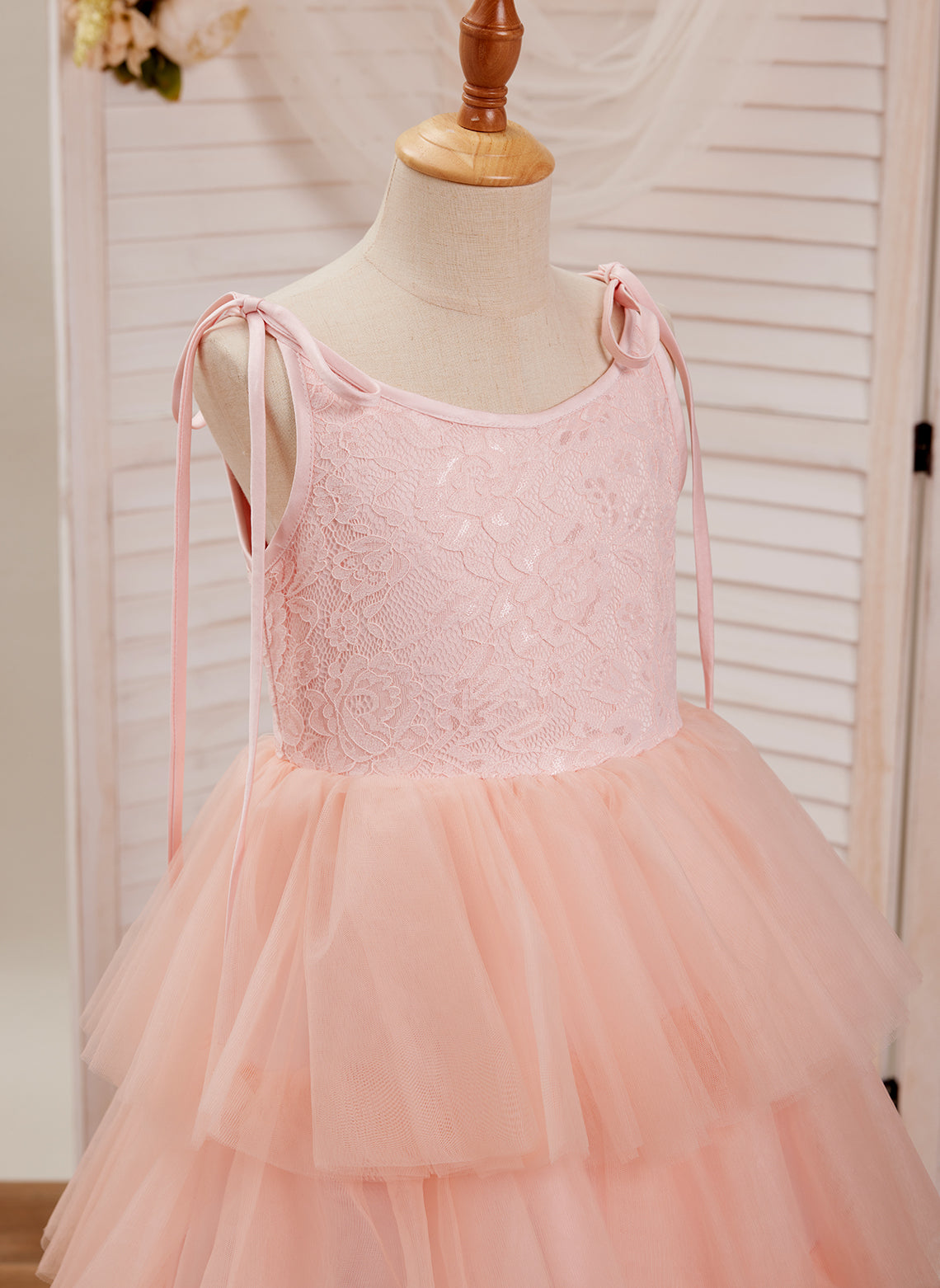 A-Linie Spitze Tüll Bodenlang Rosa Kleid (010220942) 