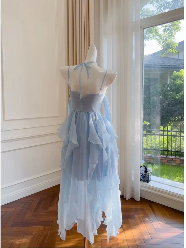 Schlichtes blaues Chiffon-Heimkehrkleid mit Spaghettiträgern, Partykleid Y8581