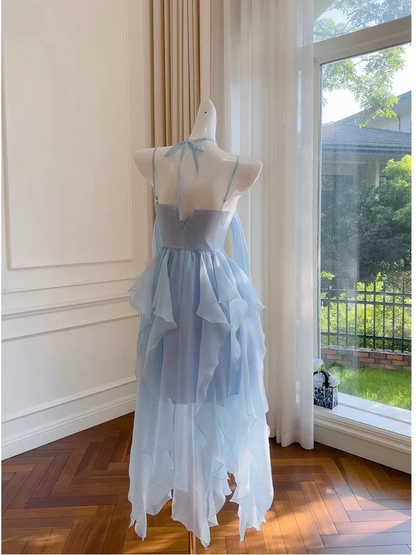 Schlichtes blaues Chiffon-Heimkehrkleid mit Spaghettiträgern, Partykleid Y8581