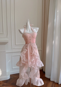 Einfaches Neckholder Rosa Tüll Perlen Perlen High-Low Rüschen Homecoming Kleid Partykleid Y8582