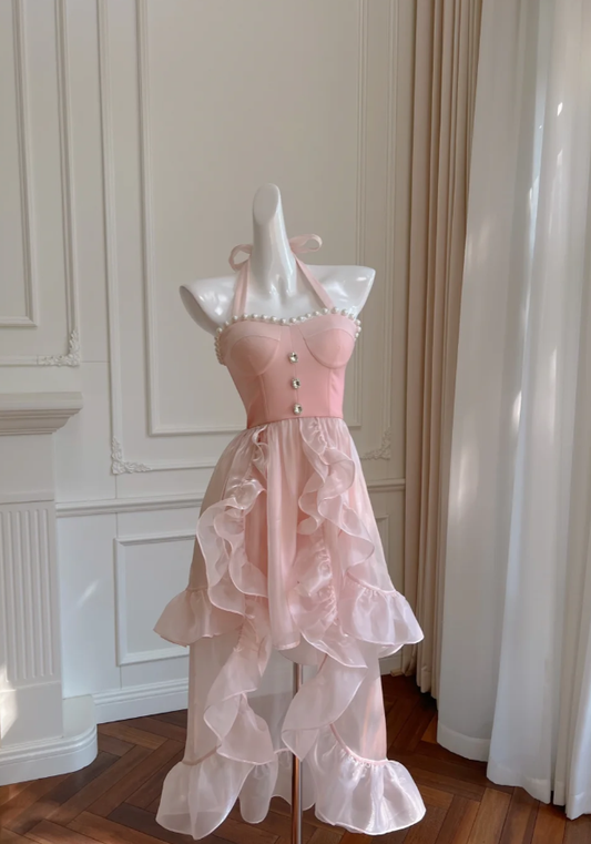 Einfaches Neckholder Rosa Tüll Perlen Perlen High-Low Rüschen Homecoming Kleid Partykleid Y8582