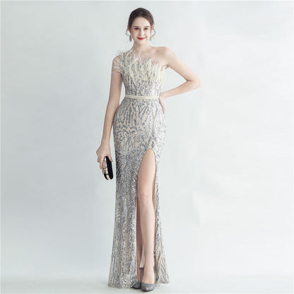 Heavy Industry Ostrich Hair Craft Bundle Hair Evening Dress with Oblique Shoulder Slit