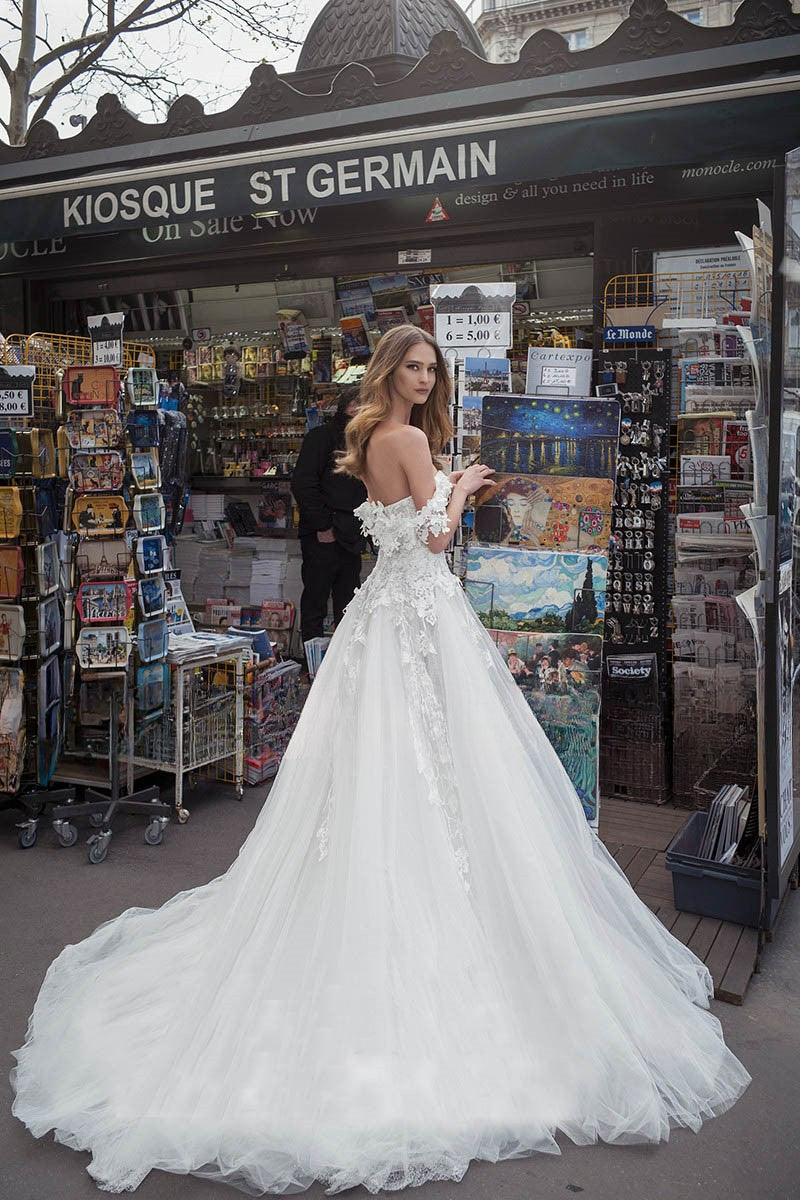 Elegant White Tulle Wedding Dresses Off the Shoulder Sweetheart Custom Made Appliques Bridal Gowns Backless Vestidos De Novia-payinti