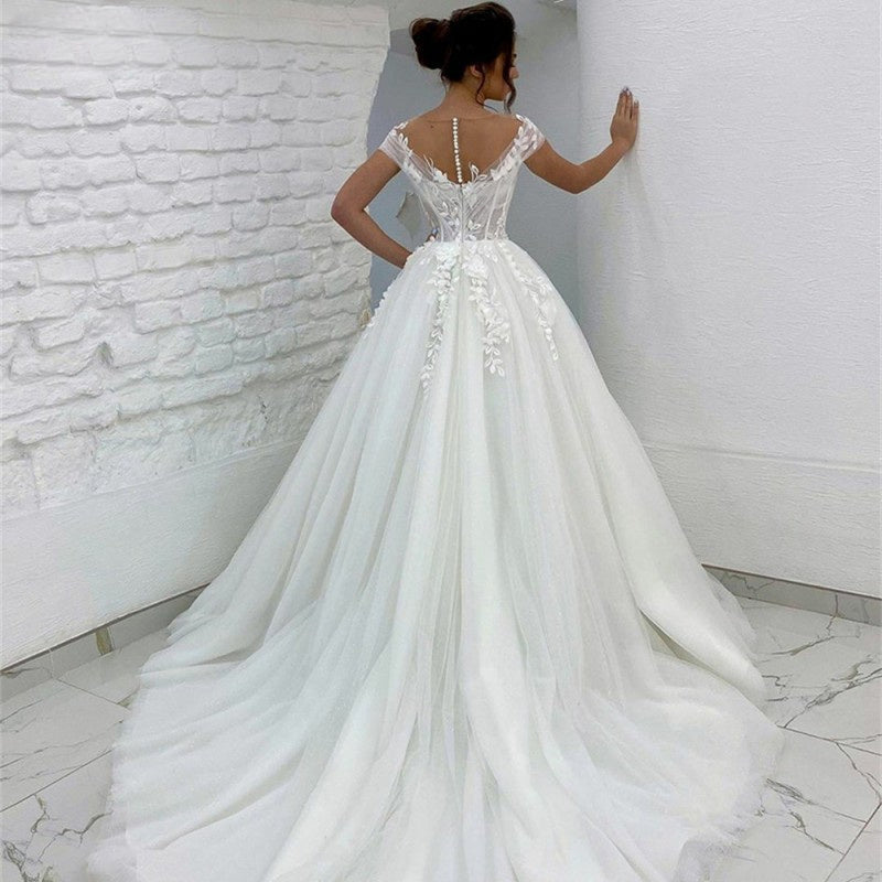 Princess Lace Tulle A Line Wedding Dress Sweetheart Cap Sleeve 3D Appliques Boho Bridal Gowns For Woman Button Vestidos De Novia-payinti