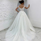 Princess Lace Tulle A Line Wedding Dress Sweetheart Cap Sleeve 3D Appliques Boho Bridal Gowns For Woman Button Vestidos De Novia-payinti