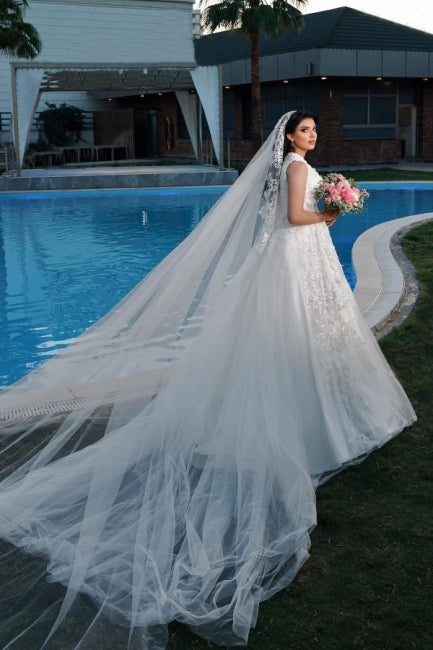Vestido de novia de tul con escote en V, sin mangas, corte A y apliques hasta el suelo