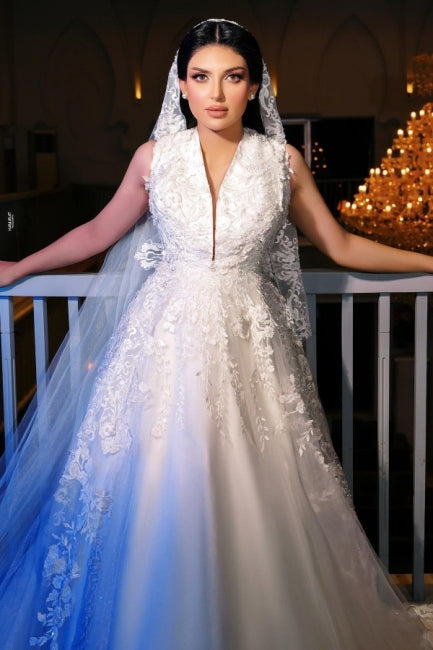 Vestido de novia de tul con escote en V, sin mangas, corte A y apliques hasta el suelo