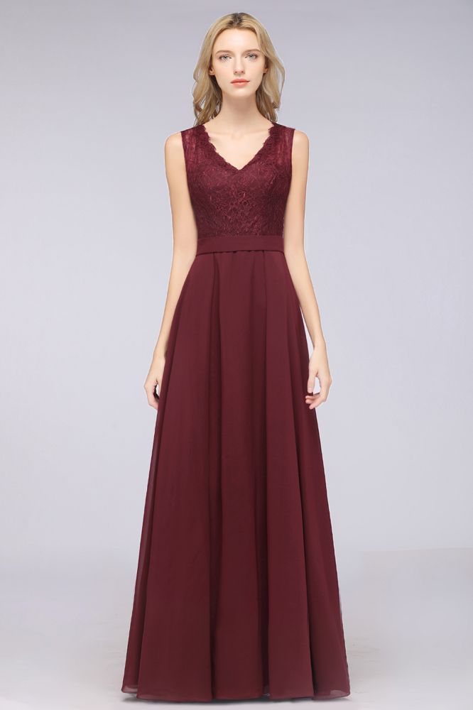 Vestidos de dama de honor de gasa con encaje, escote en V, sin mangas, hasta el suelo, con volantes