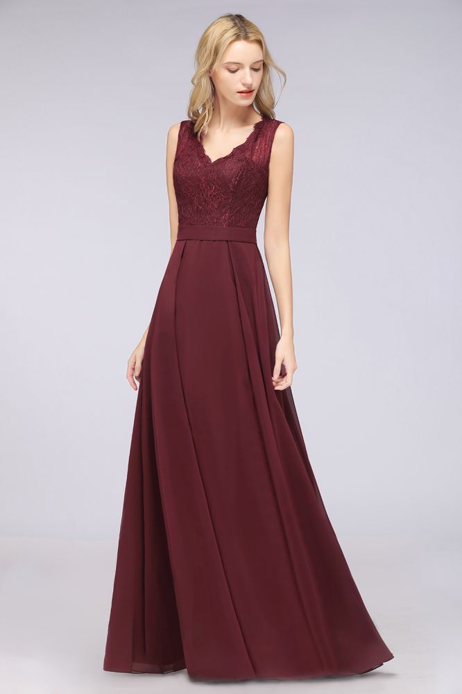 Vestidos de dama de honor de gasa con encaje, escote en V, sin mangas, hasta el suelo, con volantes