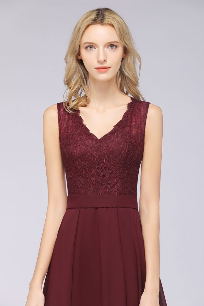Vestidos de dama de honor de gasa con encaje, escote en V, sin mangas, hasta el suelo, con volantes