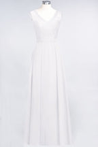 Vestidos de dama de honor de gasa con encaje, escote en V, sin mangas, hasta el suelo, con volantes