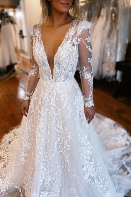Fabuloso vestido de novia de tul con escote en V, manga larga y corte A hasta el suelo con apliques