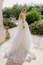 Vestido de novia de tul con espalda abierta, escote cuadrado, manga larga y corte A hasta el suelo con encaje