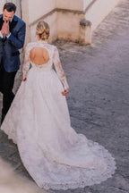 Vestido de novia de tul con espalda abierta, escote cuadrado, manga larga y corte A hasta el suelo con encaje