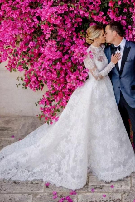 Vestido de novia de tul con espalda abierta, escote cuadrado, manga larga y corte A hasta el suelo con encaje