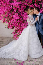 Vestido de novia de tul con espalda abierta, escote cuadrado, manga larga y corte A hasta el suelo con encaje