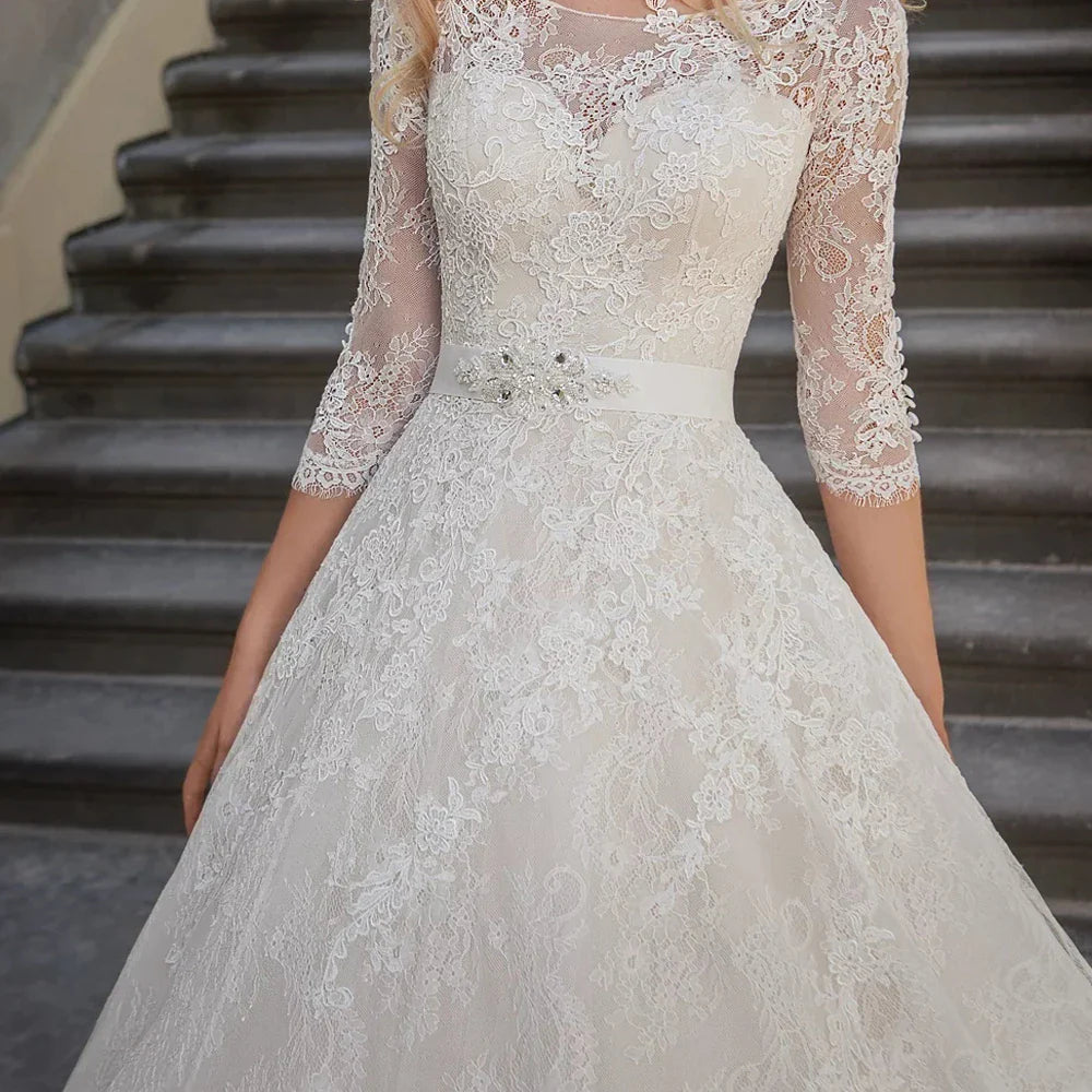 A-Line Luxury Wedding Gowns Lace Applique 3/4 Sleeve Wedding Party Bridal Dresses Vestidos Baratos Con Envio Gratis Robe De-payinti
