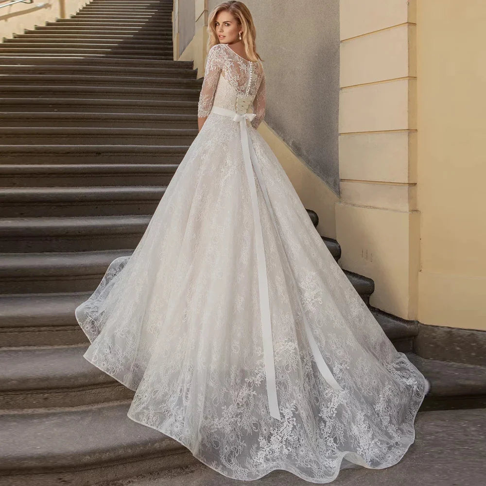A-Line Luxury Wedding Gowns Lace Applique 3/4 Sleeve Wedding Party Bridal Dresses Vestidos Baratos Con Envio Gratis Robe De-payinti