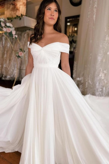 A-Linie Off-The-Shoulder Bodenlang Kurzarm Fleck Brautkleider mit Rüschen