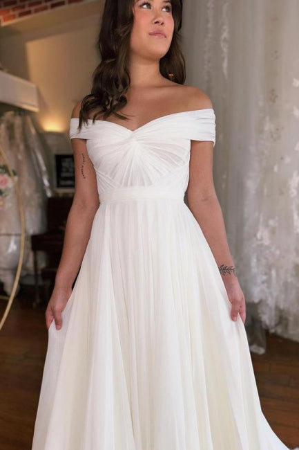 A-Linie Off-The-Shoulder Bodenlang Kurzarm Fleck Brautkleider mit Rüschen