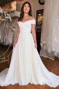 A-Linie Off-The-Shoulder Bodenlang Kurzarm Fleck Brautkleider mit Rüschen