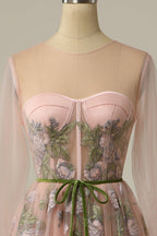 A Line Scoop Long Sleeve Tulle Prom Dress with Floral Embroidery