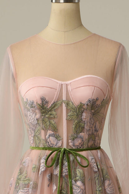 A Line Scoop Long Sleeve Tulle Prom Dress with Floral Embroidery