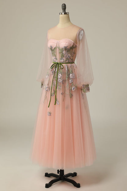 A Line Scoop Long Sleeve Tulle Prom Dress with Floral Embroidery