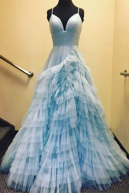 Alianna |A-Linien-Ballkleid aus Tüll mit Spaghettiträgern und Stufen 