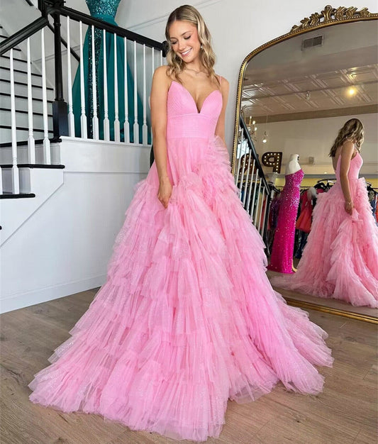 Alianna |A-Linien-Ballkleid aus Tüll mit Spaghettiträgern und Stufen 