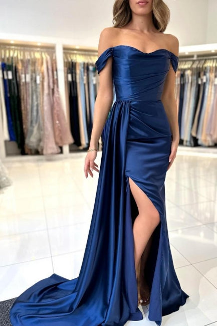 Vestido de fiesta azul real con escote en forma de A, escote en forma de corazón, abertura frontal, hombros descubiertos, sin tirantes y volantes