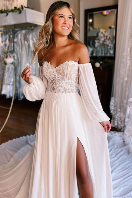 Vestidos de novia con escote en forma de A, manga larga, abertura frontal y encaje