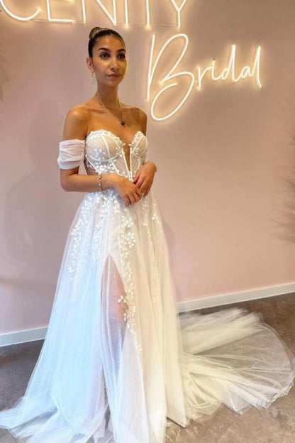 A-Linie Herzausschnitt Off-The-Shoulder Tüll Bodenlang Brautkleider mit Applikationen