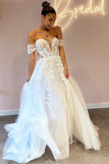 A-Linie Herzausschnitt Off-The-Shoulder Tüll Bodenlang Brautkleider mit Applikationen