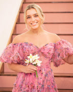 Sydney | Vestido de fiesta de tul floral con hombros descubiertos y corte en A
