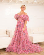 Sydney | Vestido de fiesta de tul floral con hombros descubiertos y corte en A